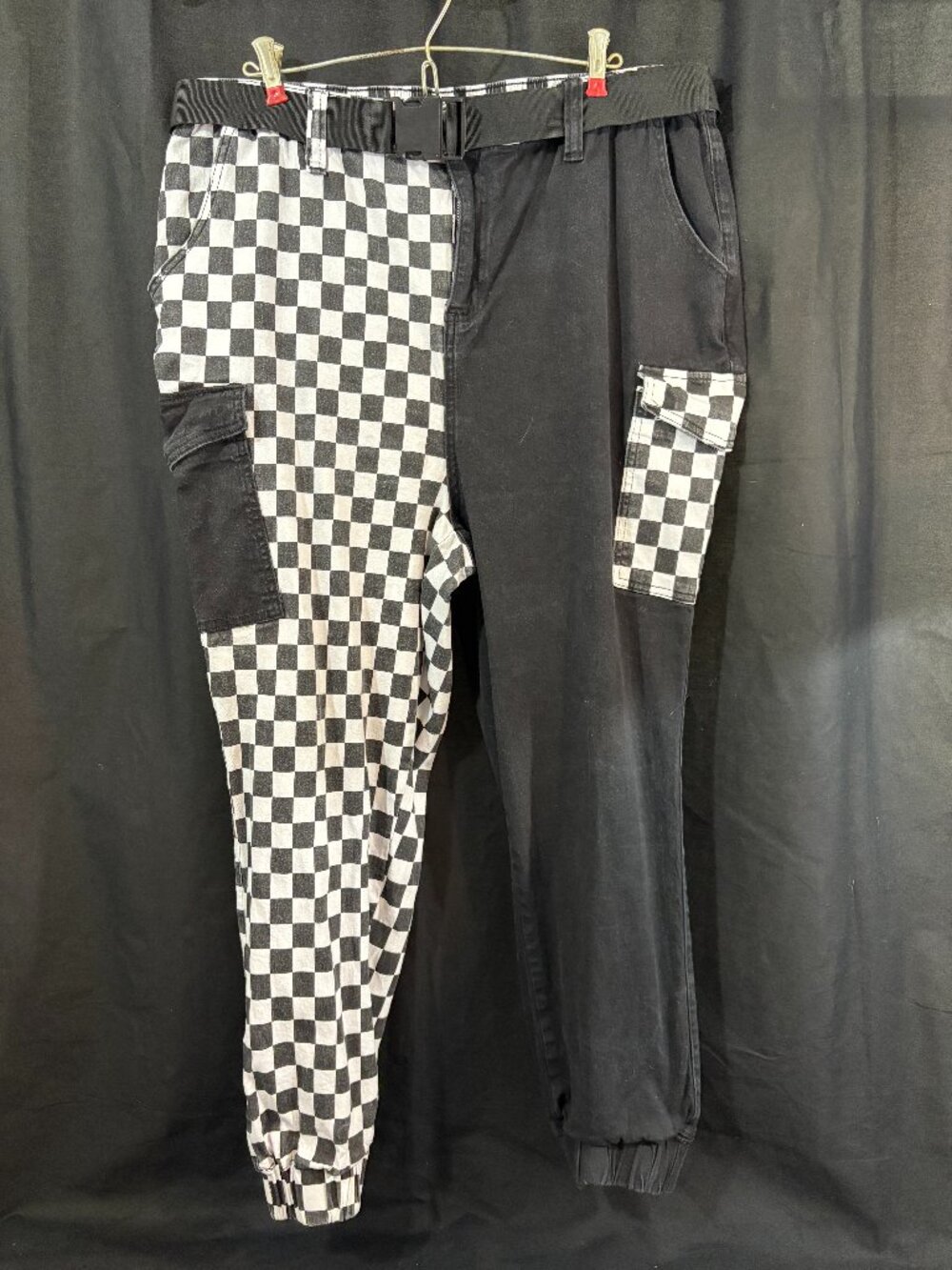 Hot Topic Black White Checkered Split Cargo Jogger Pants Belted